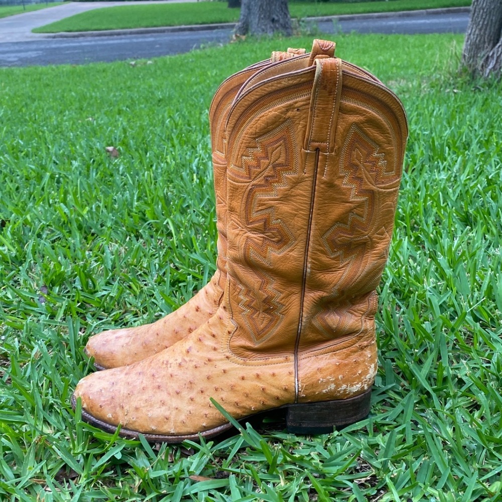 Vintage Rio of Mercedes Full Quill Ostrich Leather Western Cowboy Boots Cognac